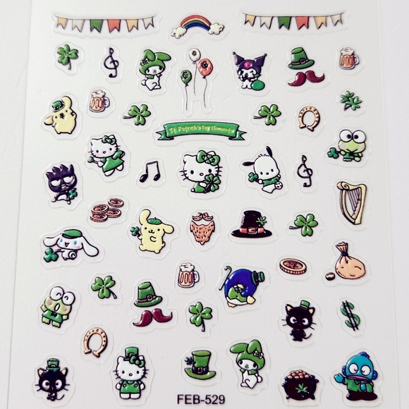 ⭐4/$15 Sanrio St. Patrick's Day 5D Embossed Nail Art Stickers - Picture 1 of 5